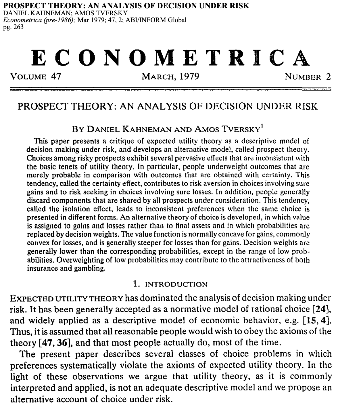 Kahneman & Tversky, Prospect Theory, Econometrica 1979
