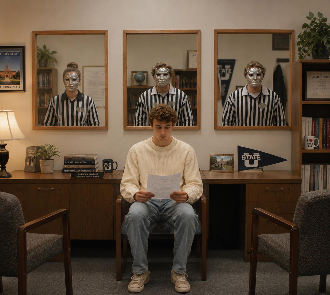 A scholar reads a paper beneath portraits of masked, anonymous referees
